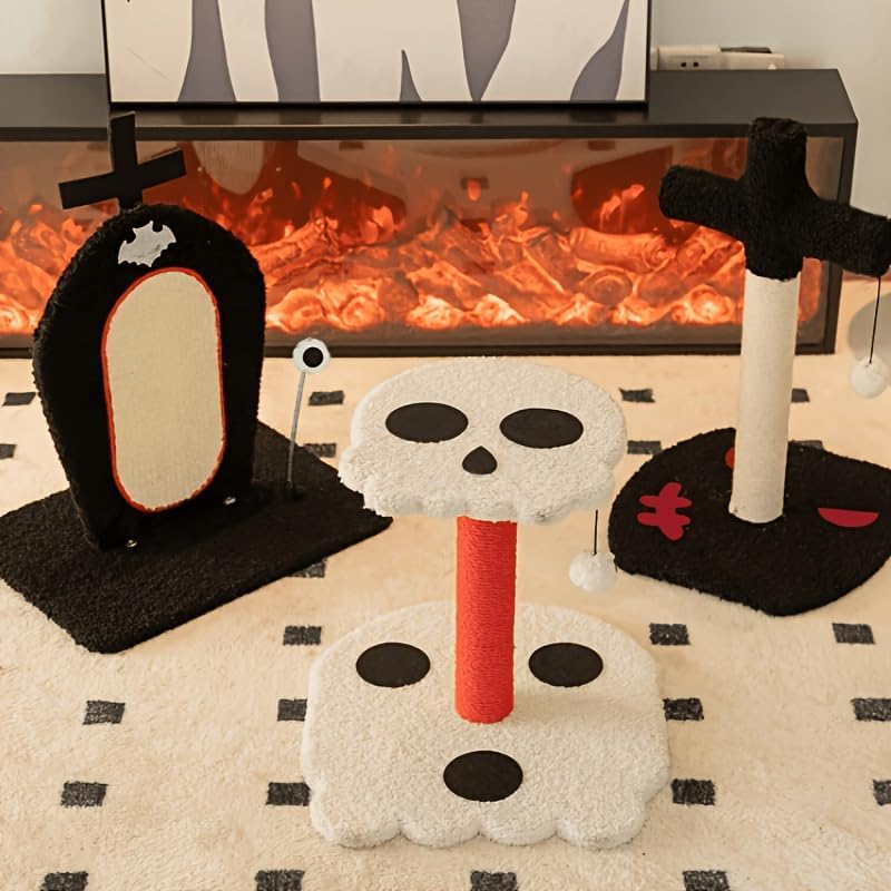 Happy & Polly Gothic Cat Scratcher 3-Pc Set Spooky Scratching Post | 3-Piece Halloween Cat Scratching Set,Tombstone Skul