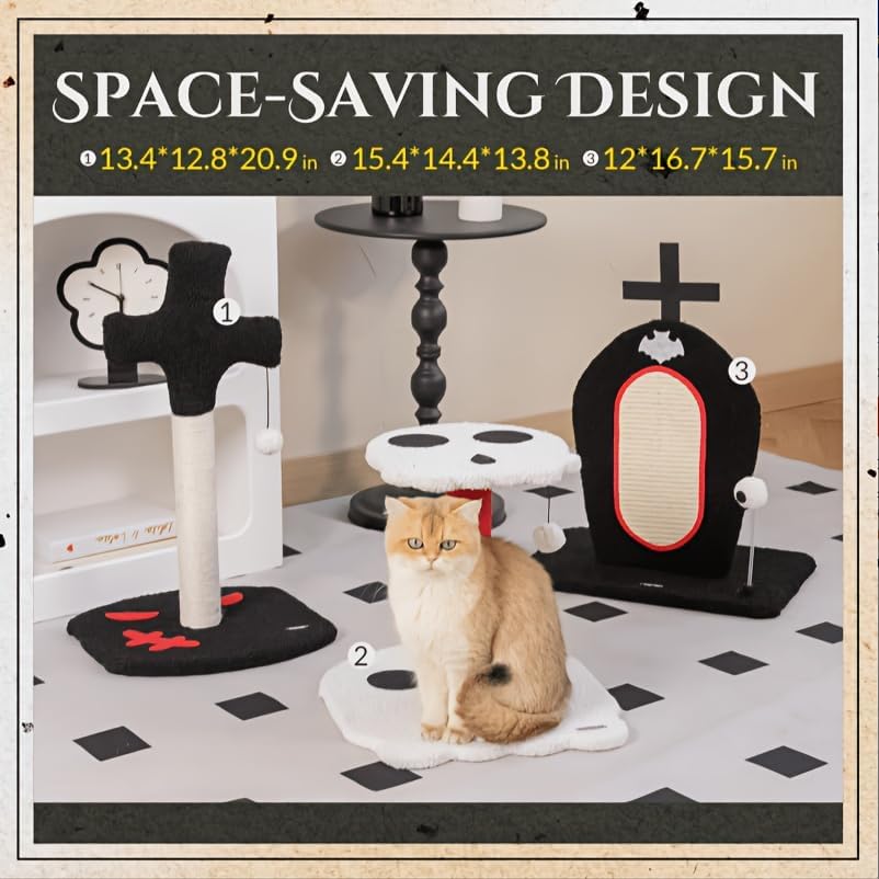 Happy & Polly Gothic Cat Scratcher 3-Pc Set Spooky Scratching Post | 3-Piece Halloween Cat Scratching Set,Tombstone Skul